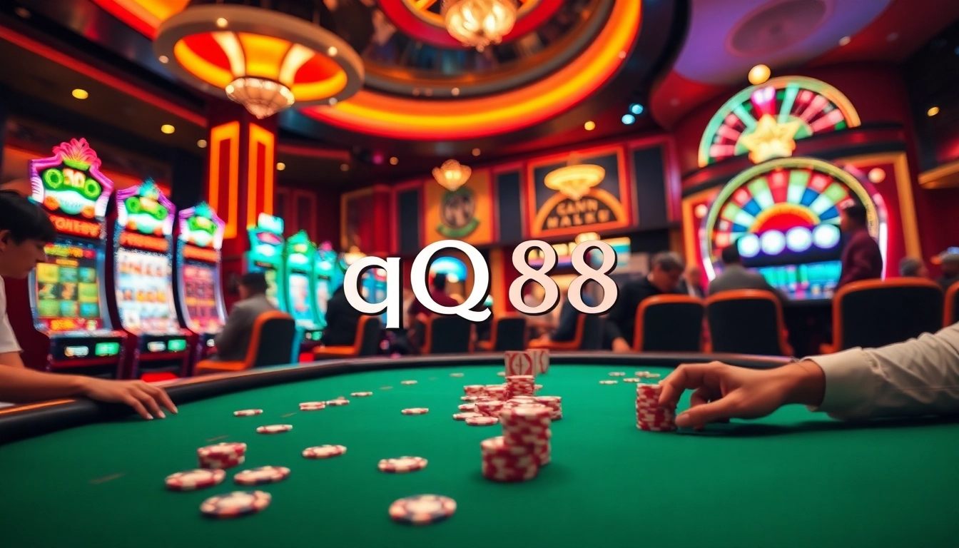 Experience the thrill of qq88 đăng ký at an upscale casino with vibrant slot machines and poker tables.