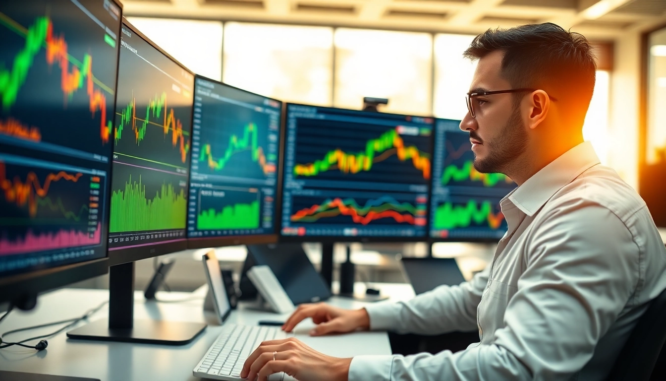 Analyzing XAUUSD signals with technology-driven trading tools in a vibrant office setting