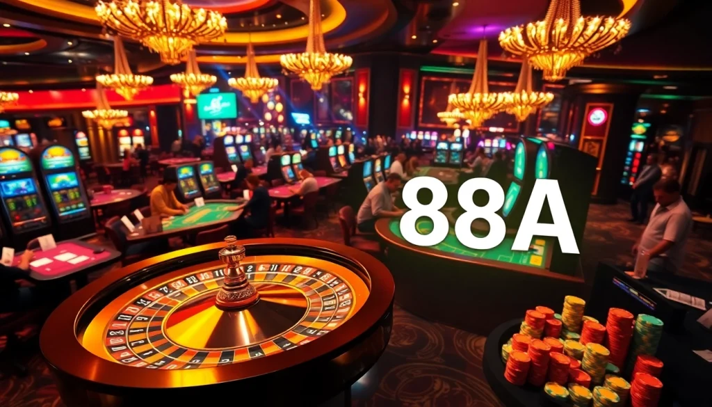 Experience the thrill of 88AA at a vibrant casino, with players at roulette and poker tables.