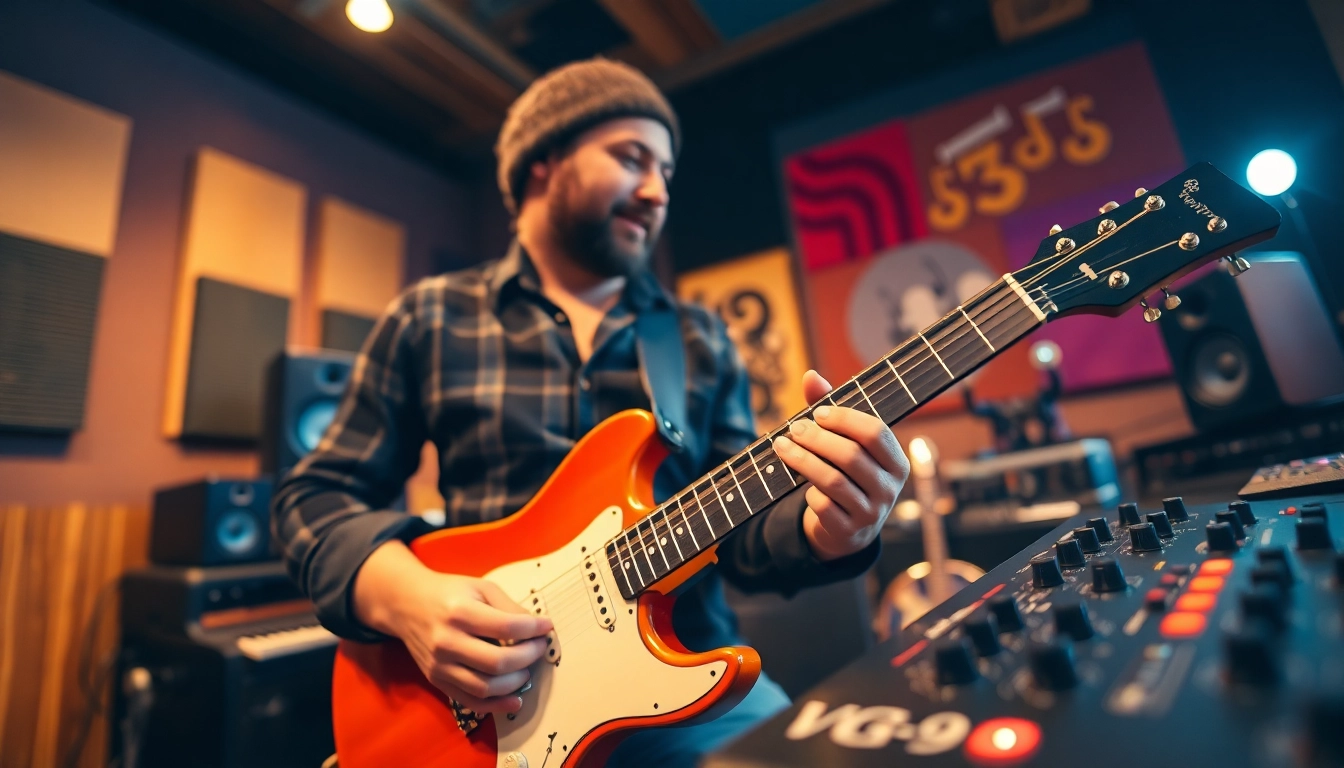 Experience https://vg99.zip/ with a guitarist performing in a vibrant studio showcasing the VG-99.