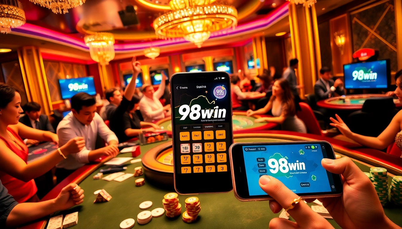 Experience the excitement of the 98win app at the vibrant casino tables featuring poker and roulette.