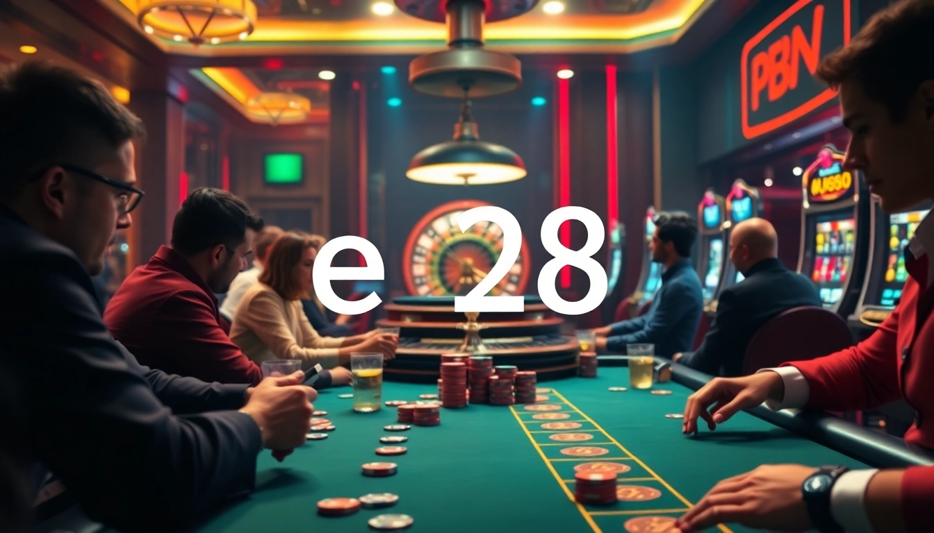Experience high-stakes gaming with e28 strategies at a vibrant casino poker table filled with eager players and chips.