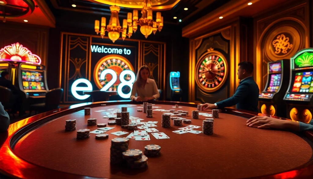 Engage in the ultimate e28 casino experience at a vibrant poker table full of action.