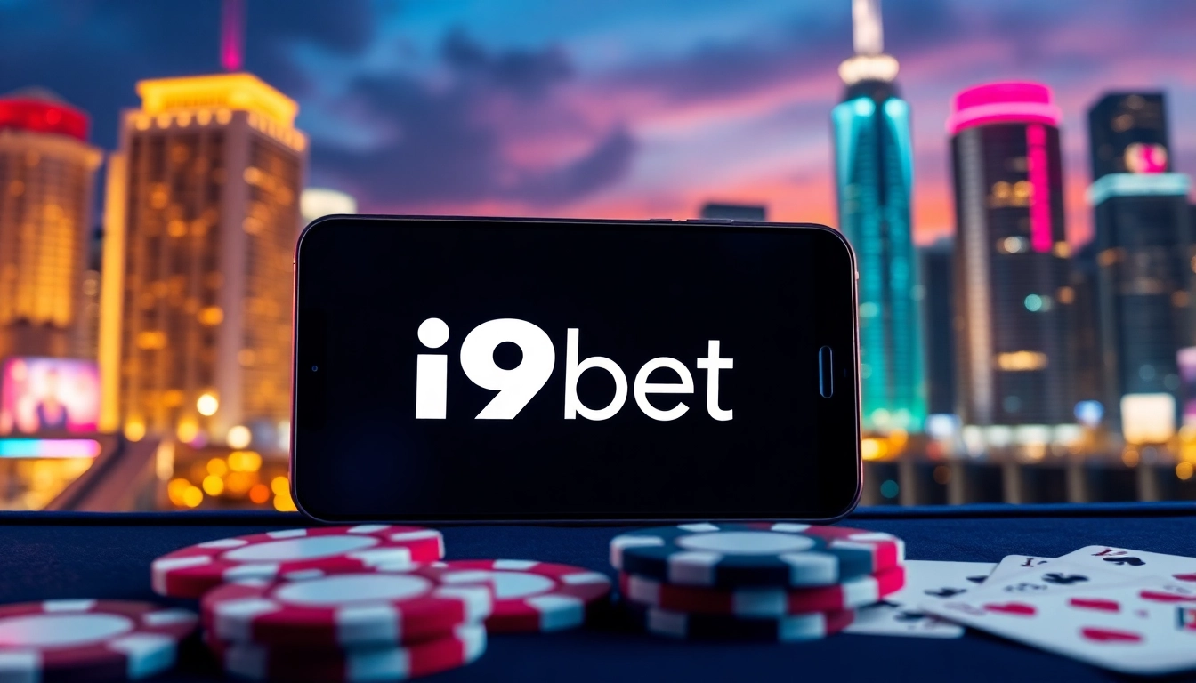 Bet on exciting games with i9bet on a sleek mobile device amidst vibrant graphics.