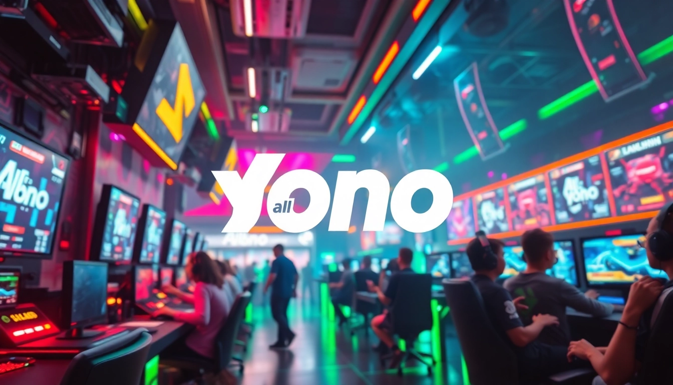 Engaging scene showcasing All Yono in a vibrant gaming environment with players and digital displays.