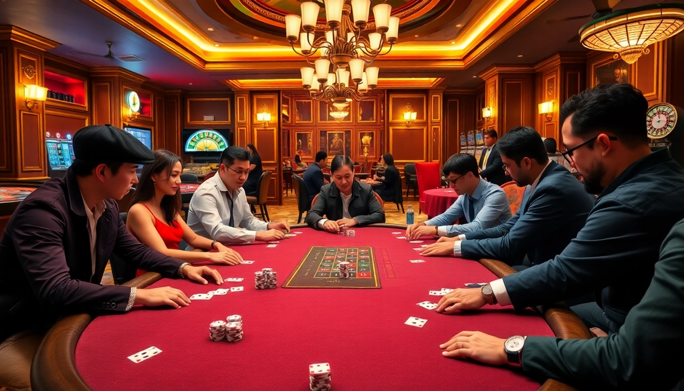 Players at a poker table showcasing intense focus, enjoying the qq88 đăng ký promotion in a luxurious casino.