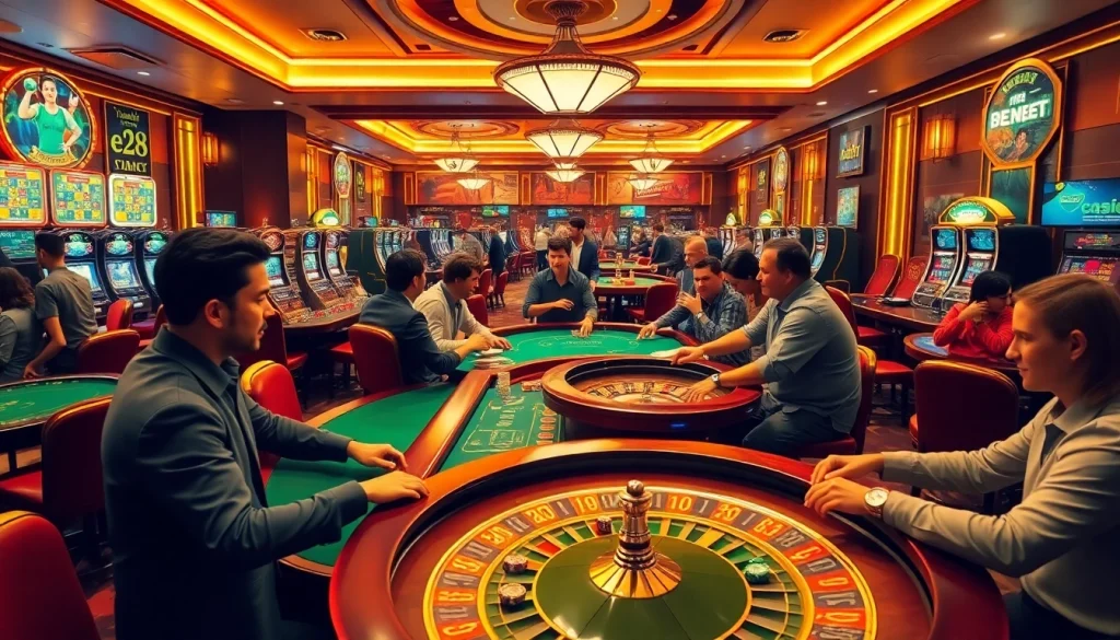 Experience the thrill of gambling at a vibrant casino featuring e28 themed betting tables and lively players.
