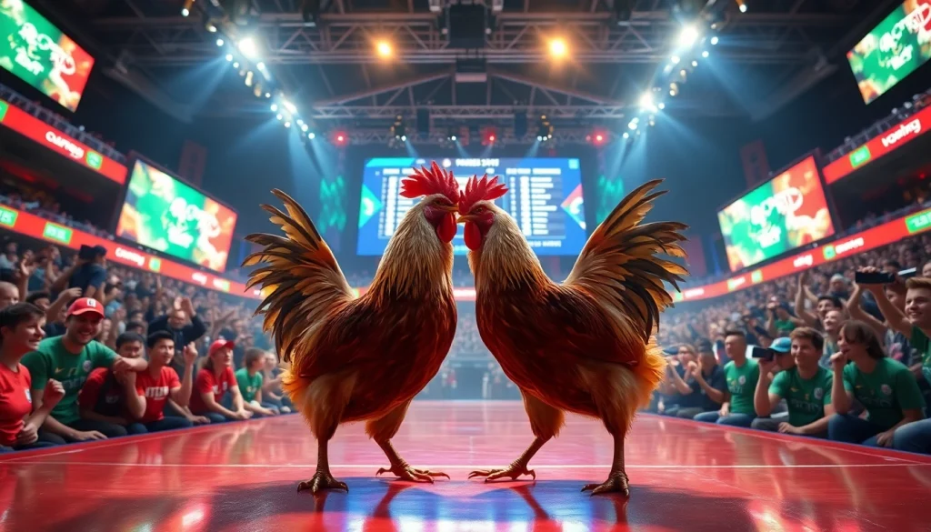 Engaging chicken fighting match at 69vn.rodeo arena, showcasing energy and excitement.