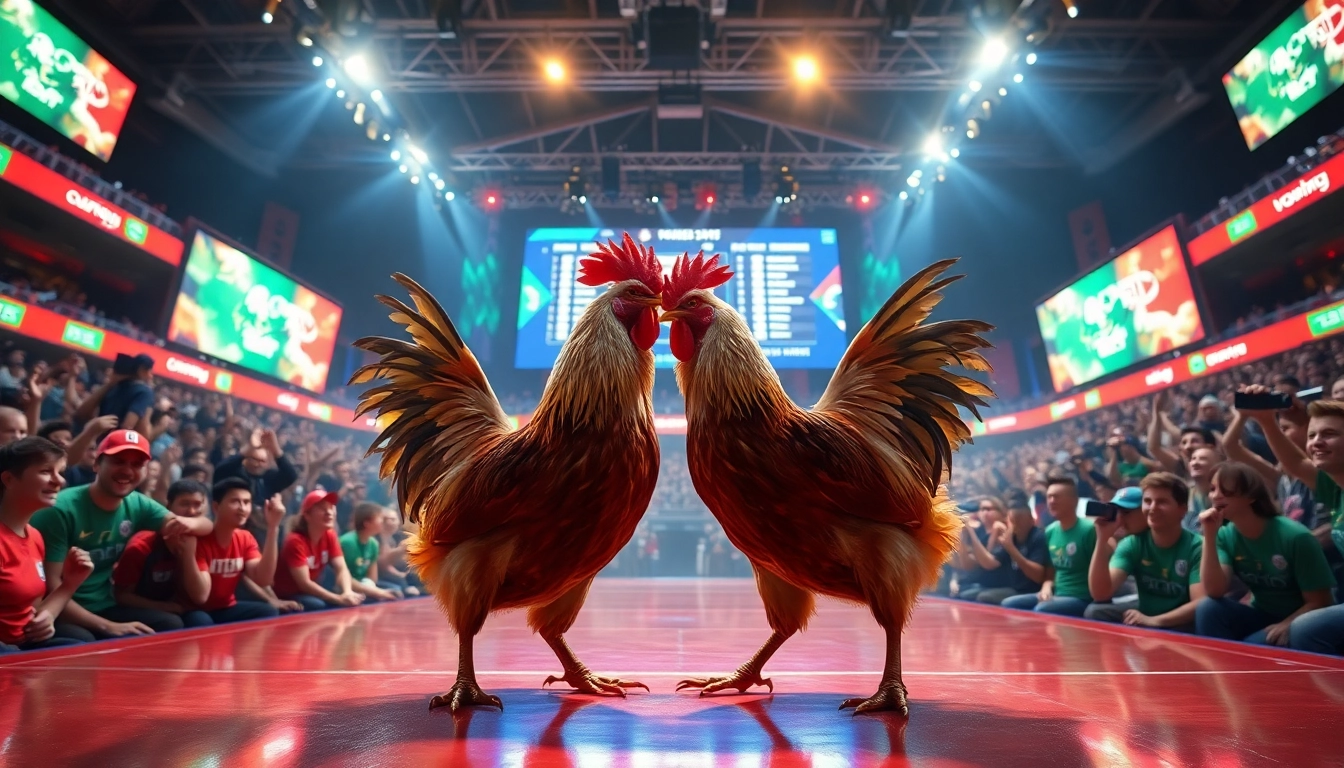 Engaging chicken fighting match at 69vn.rodeo arena, showcasing energy and excitement.