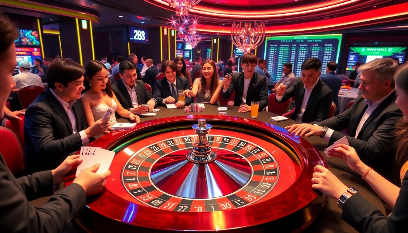 Players enjoy a thrilling game at the e28 roulette table, showcasing chips and cards in vibrant colors.
