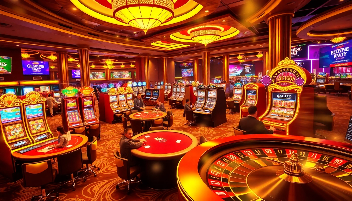Experience the excitement of rr88 com with players at casino tables and vibrant slot machines.