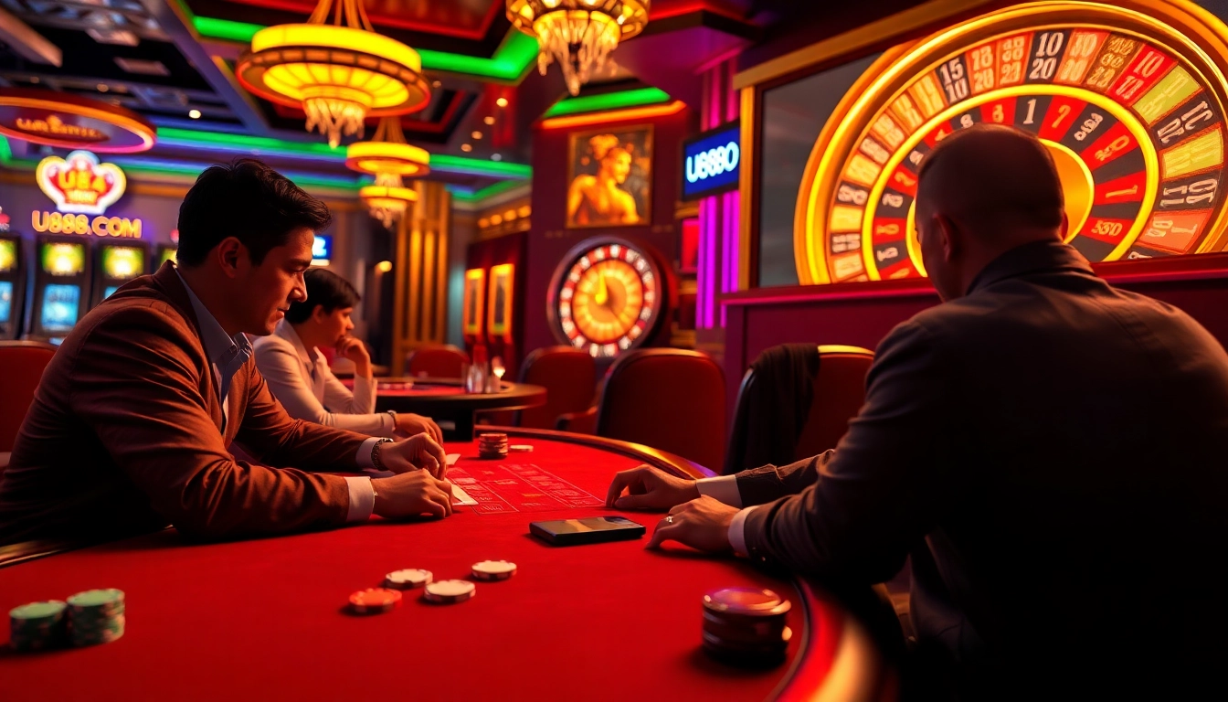 Players enjoying a high-stakes game at U888.com, featuring thrilling casino tables, vibrant slot machines, and engaged gamblers.
