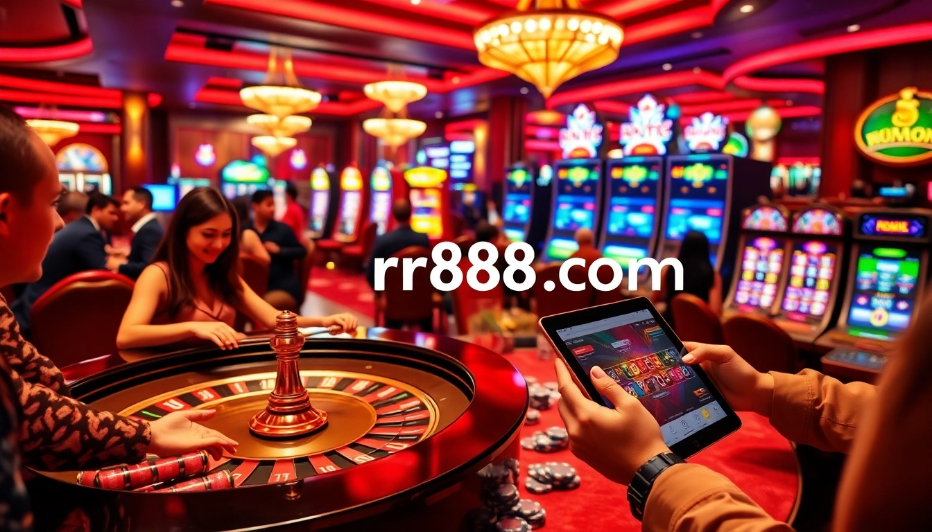 Experience the thrill of gambling at rr88 com, with players enjoying a game of roulette amidst vibrant casino excitement.