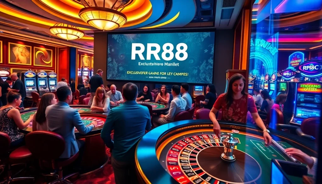 RR88 welcomes players to an exciting casino atmosphere with vibrant roulette tables and slot machines.