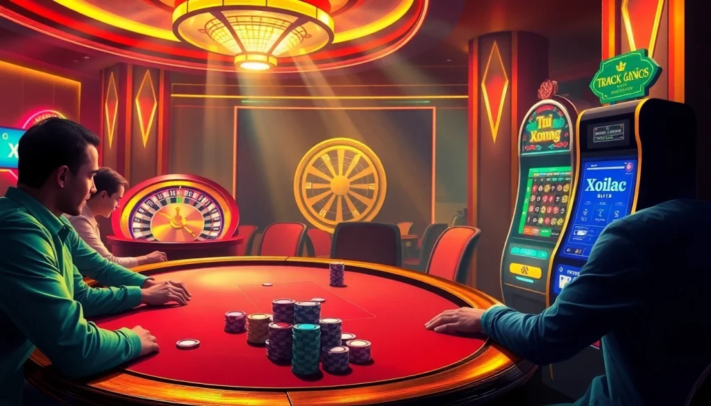 Experience thrilling moments of Trực Tiếp Bóng Đá Xoilac at a lively casino poker game with vibrant chips and intense players.